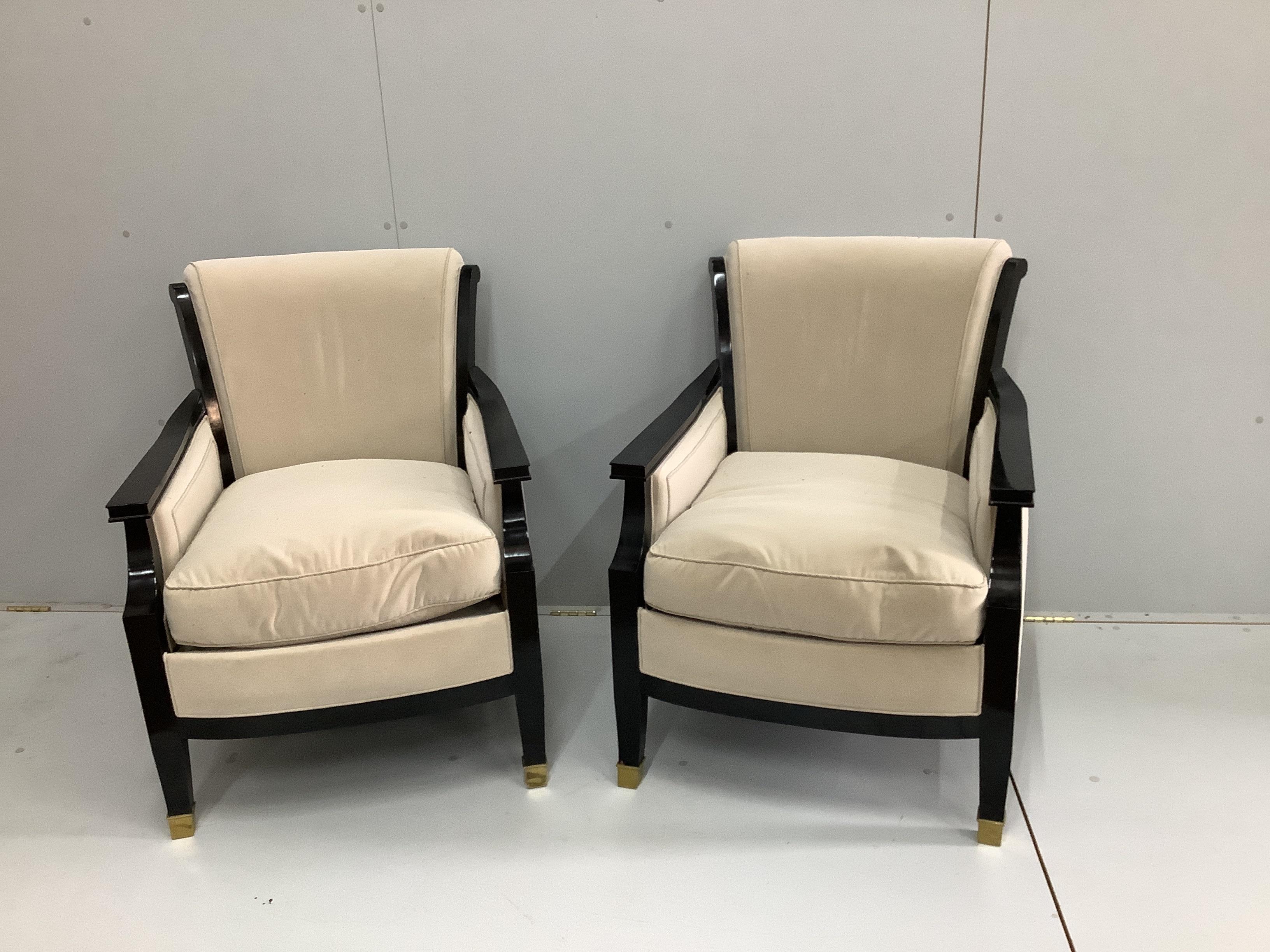 A pair of mid century French Maison Jansen ebonised armchairs with suede effect upholstery, width 68cm, depth 62cm, height 90cm (Bought by the current owner from Galerie Andre Hayat, Paris approximately seven years ago)